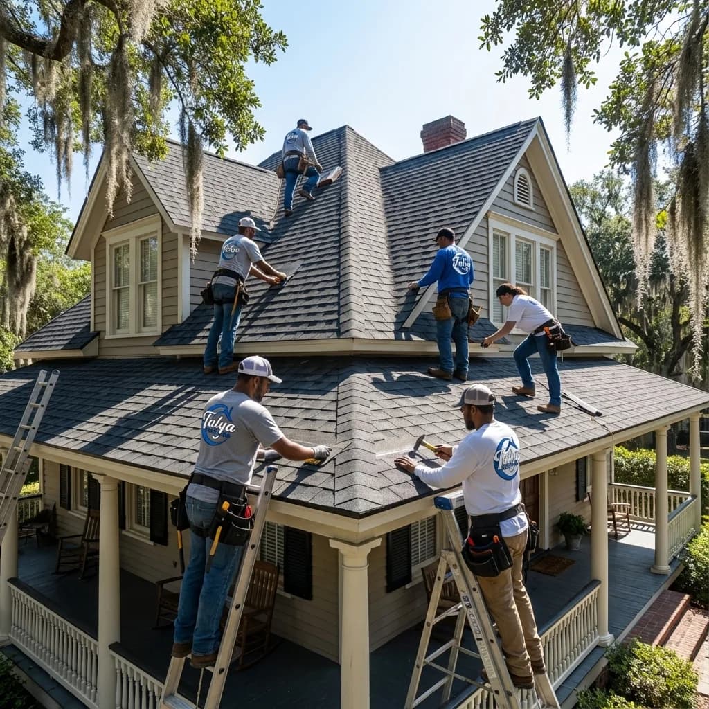Professional crew installing asphalt shingles on a Savannah home rooftop step by step