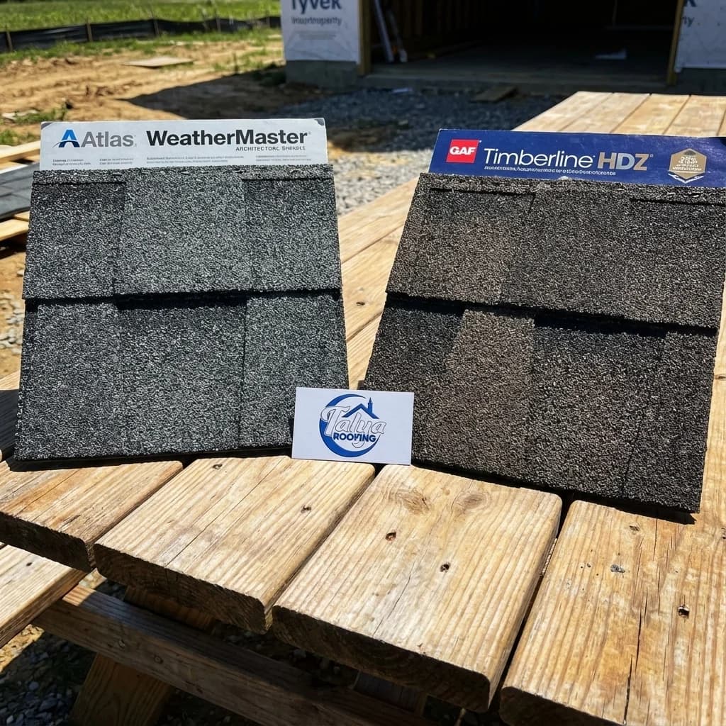 Atlas and GAF architectural shingle samples displayed side by side at a Savannah roofing project
