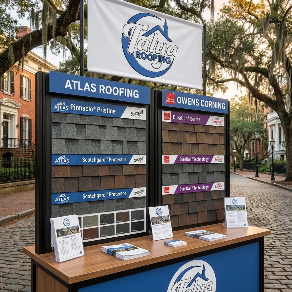 Atlas and Owens Corning shingle products placed side by side on a comparison display