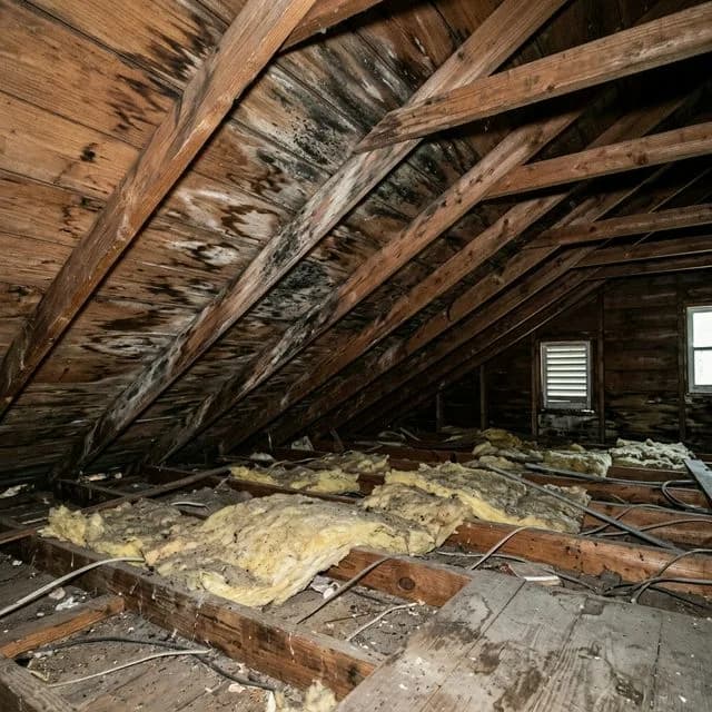 Black mold growth on attic roof decking caused by Savannah humidity and poor ventilation