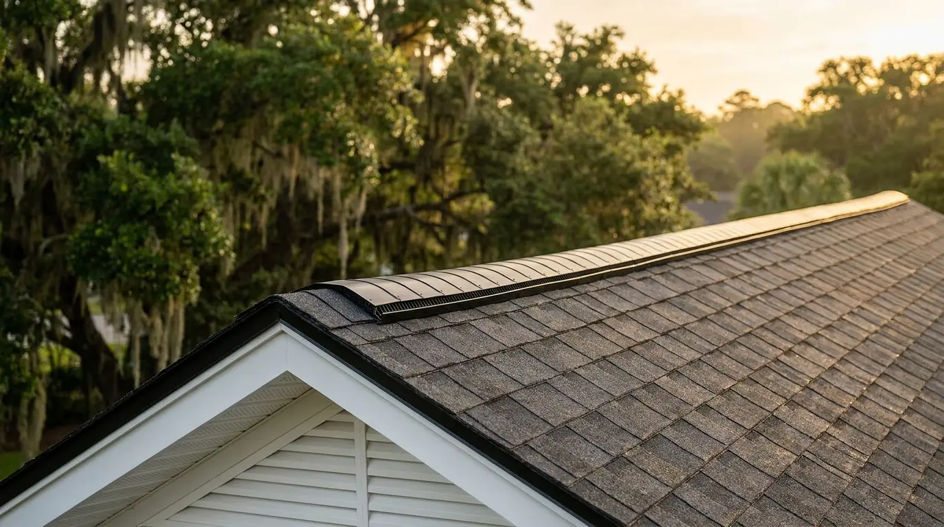 Continuous ridge vent and soffit intake balancing airflow on a Savannah asphalt-shingle roof