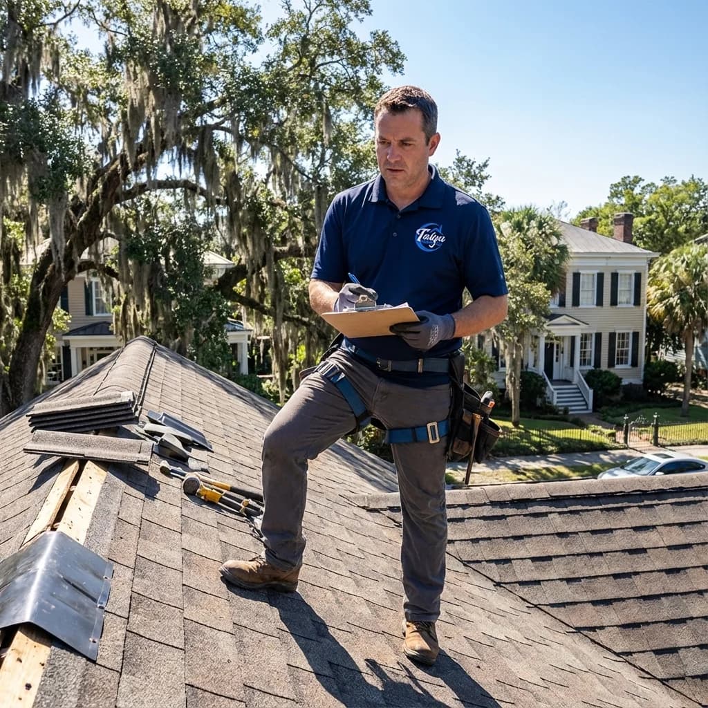 Professional roof inspector examining shingles and flashing during a thorough residential inspection