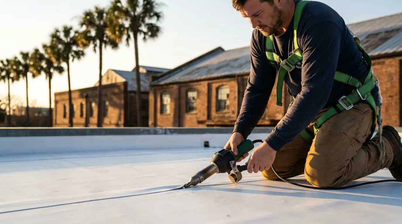Talya Roofing commercial flat roof TPO membrane installation on a Savannah GA retail building