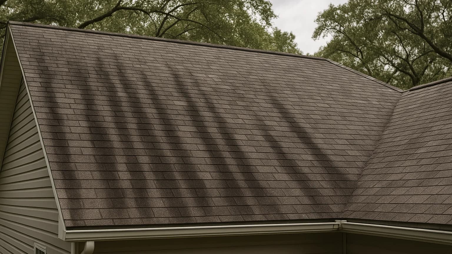Black algae streaks (Gloeocapsa magma) running down a shaded asphalt shingle roof on a Savannah home