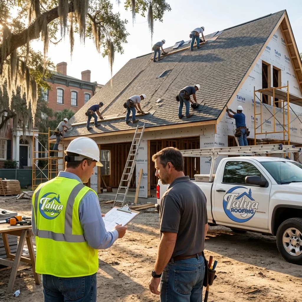 Talya Roofing crew installing a code-compliant roof in Savannah GA with inspector reviewing plans
