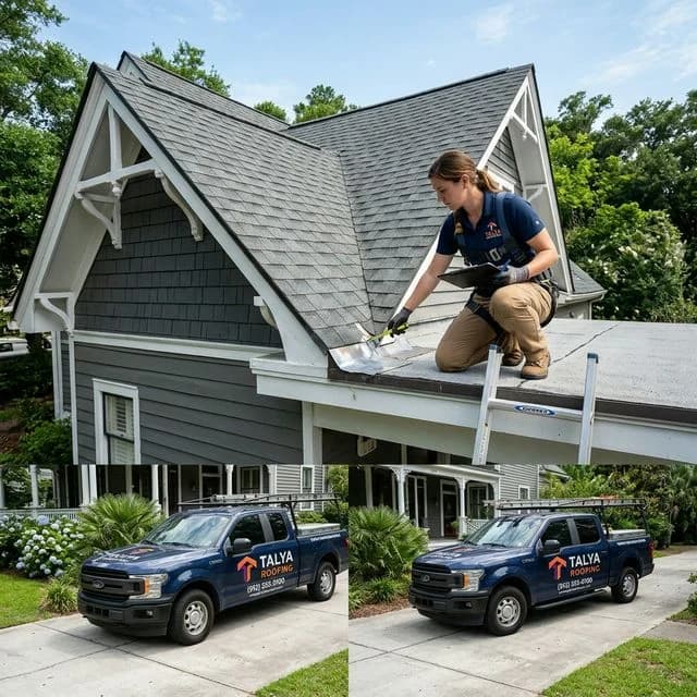 Talya Roofing inspector talking to a homeowner outside a house with a beautiful attached porch roof