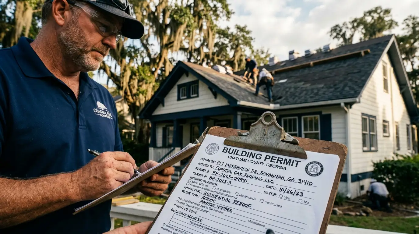 Savannah roofing contractor reviewing a Chatham County building permit at a residential job site