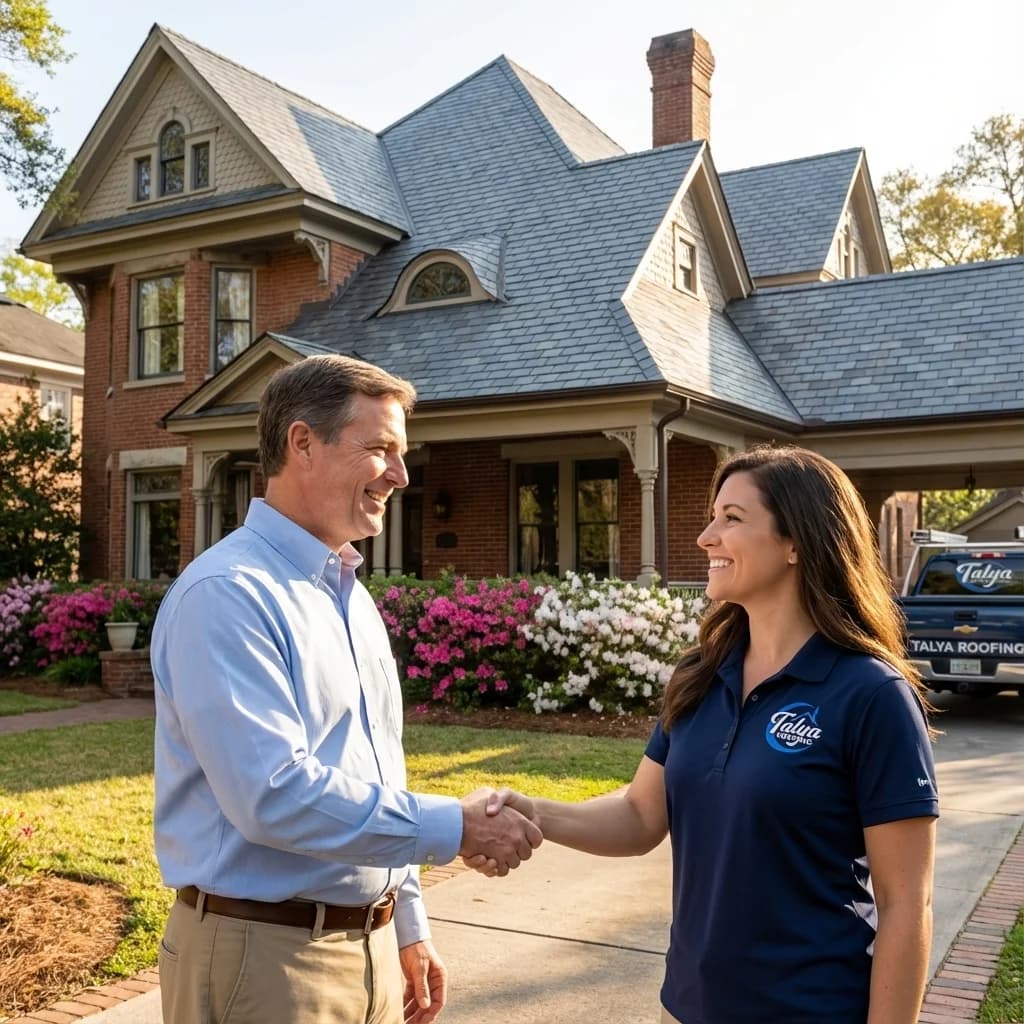 Savannah homeowner meeting a local roofing professional outside a shingle-roof home