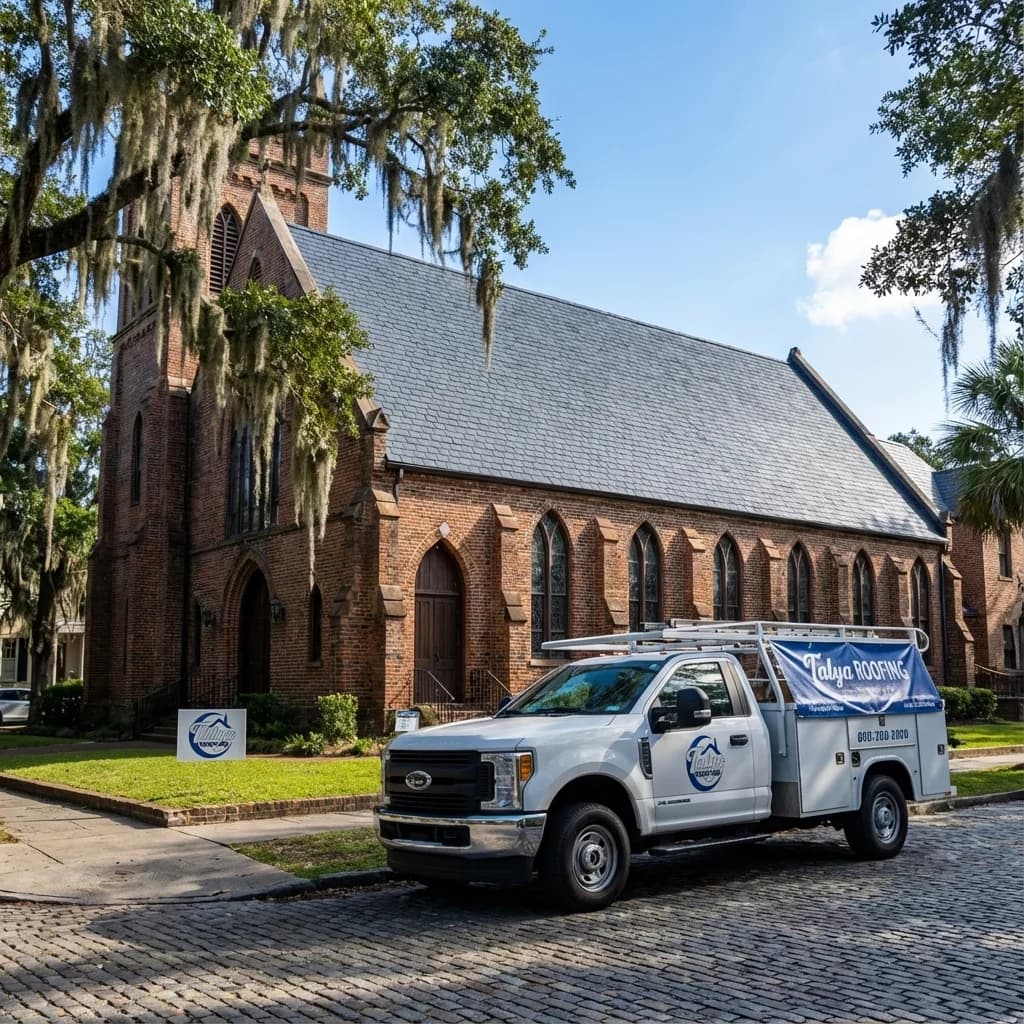 Historic Savannah church with large steep-pitch commercial roof requiring specialized roofing