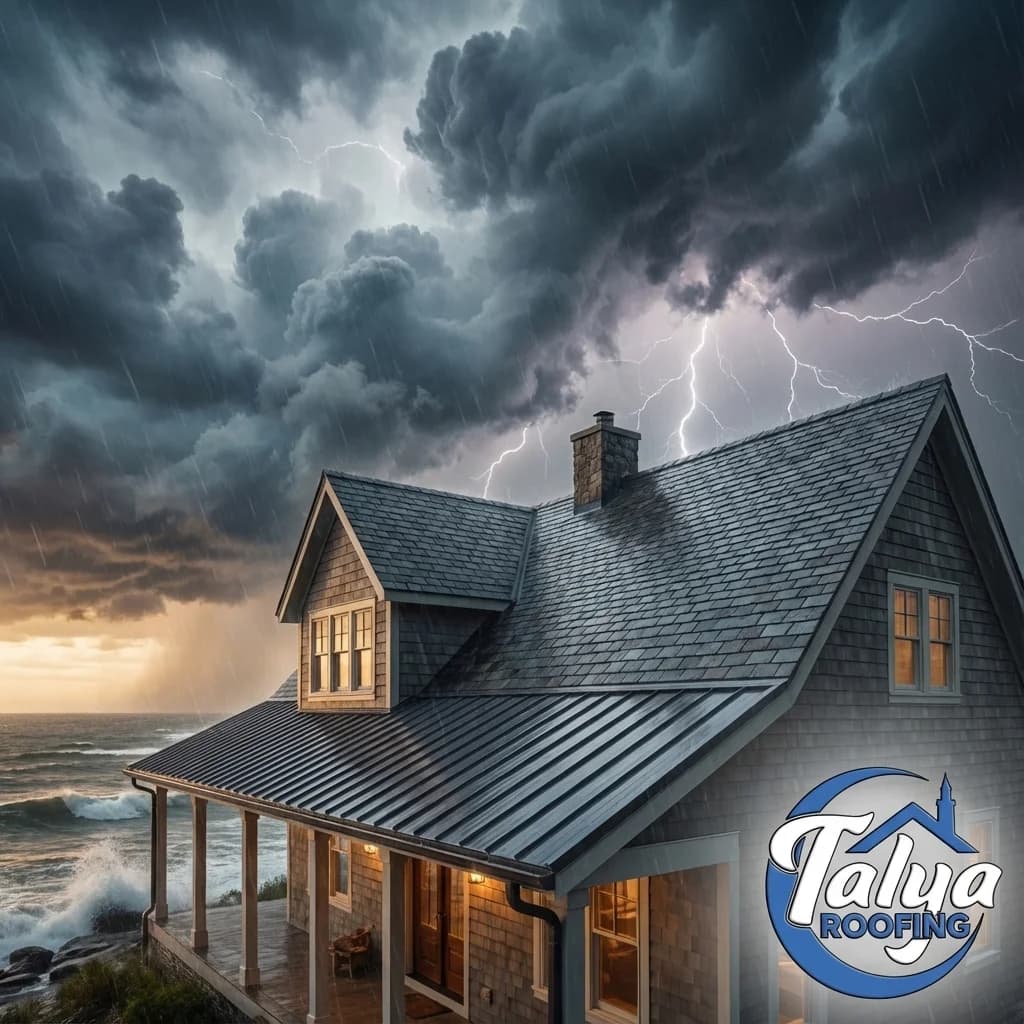 Coastal home with shingle and metal roof during dramatic storm with lightning over ocean