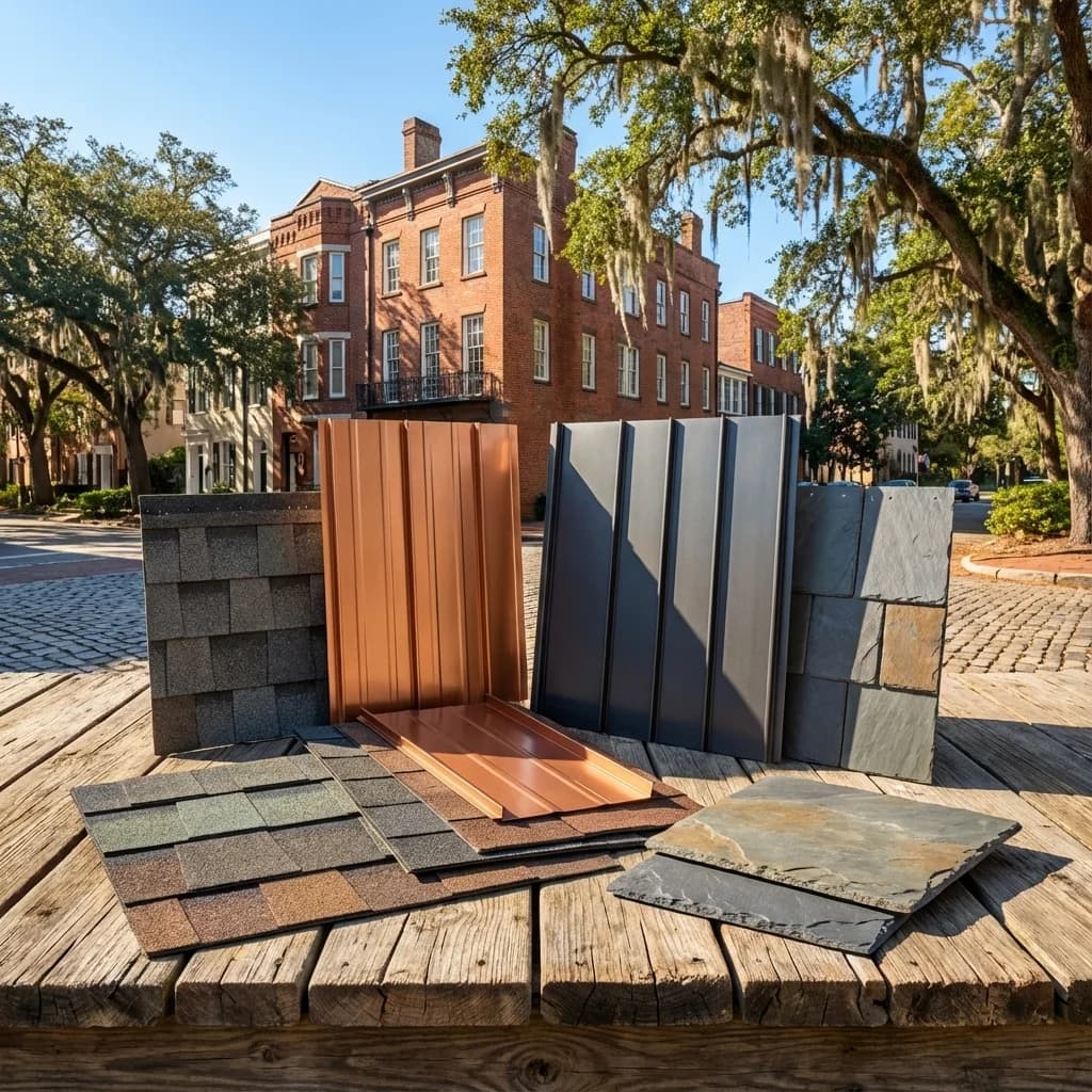 Roofing material samples including asphalt shingles, copper metal panels, and slate displayed in Savannah