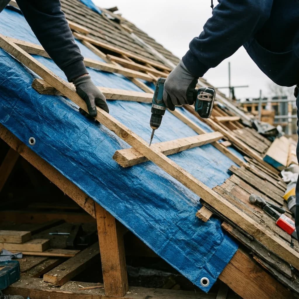 Emergency roof tarping detail showing proper tarp anchoring technique