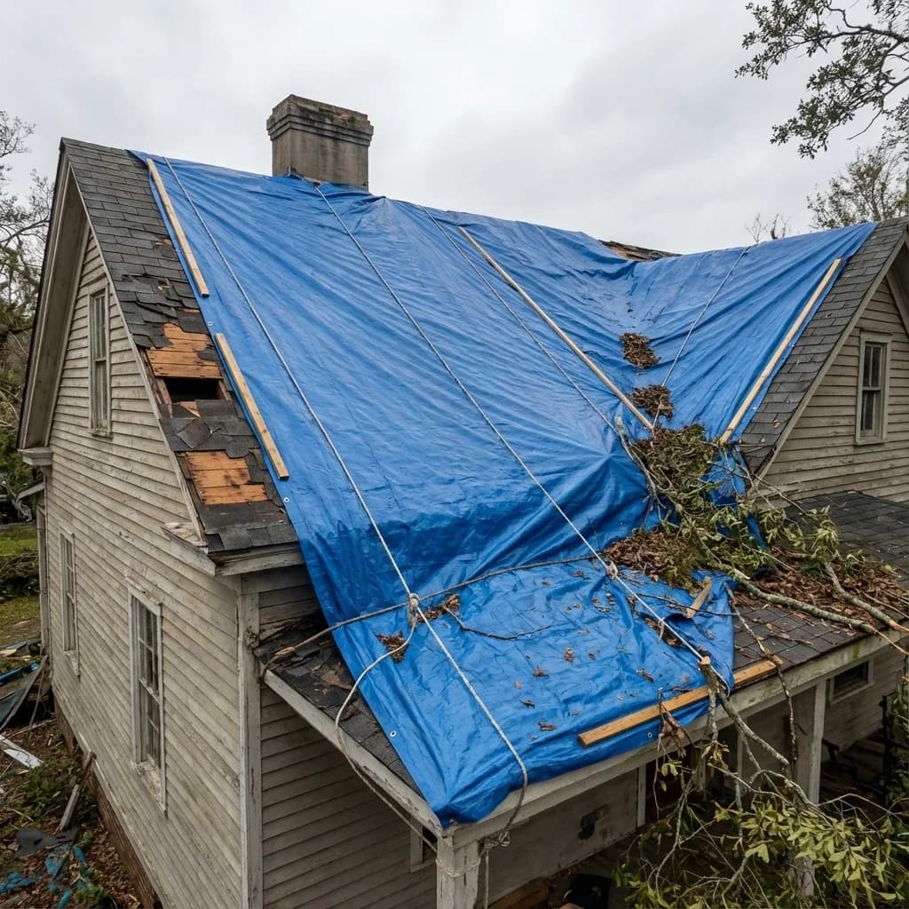 Storm-damaged Savannah home with blue emergency tarp covering missing shingles