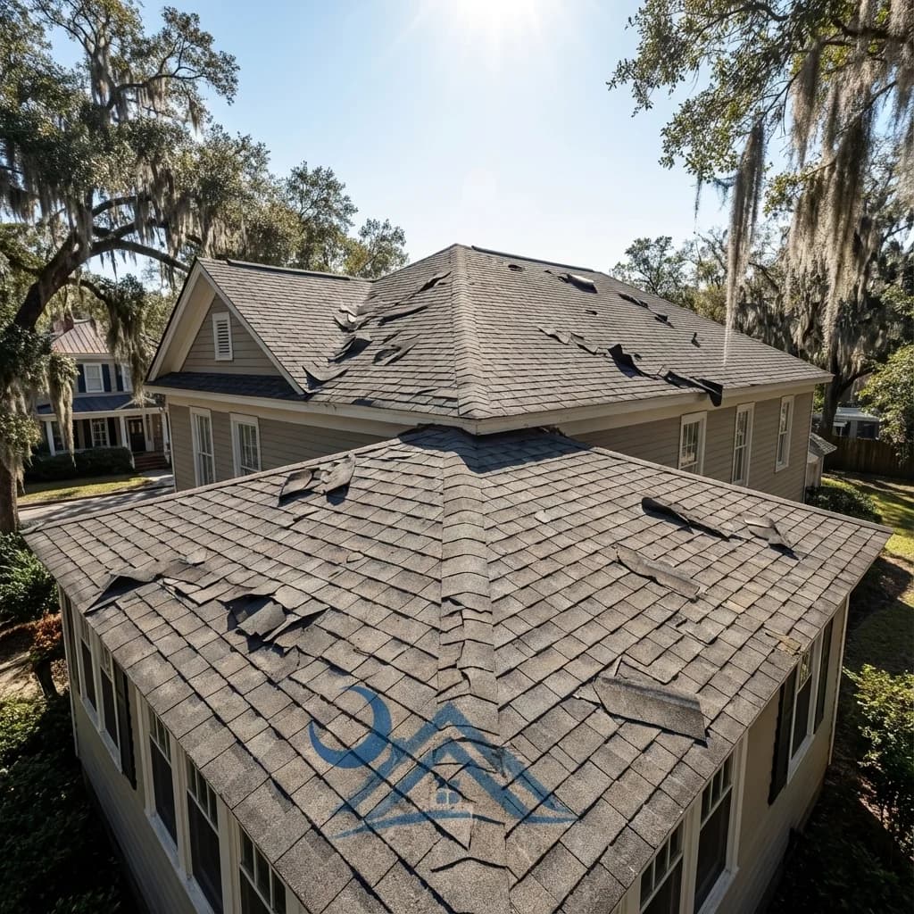 Aerial drone view of Savannah home with multiple lifted and curling shingle tabs from wind damage