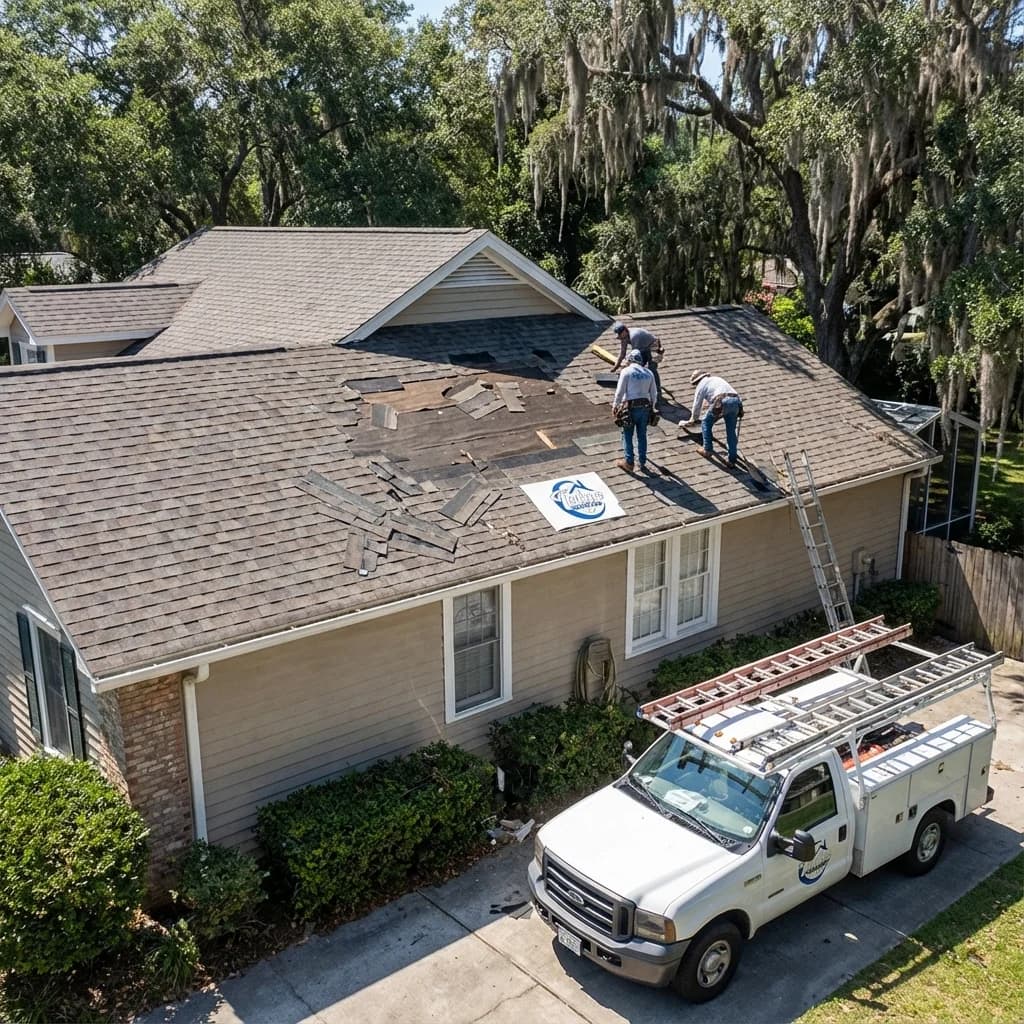 Talya Roofing crew replacing damaged shingles on a Savannah home from aerial view