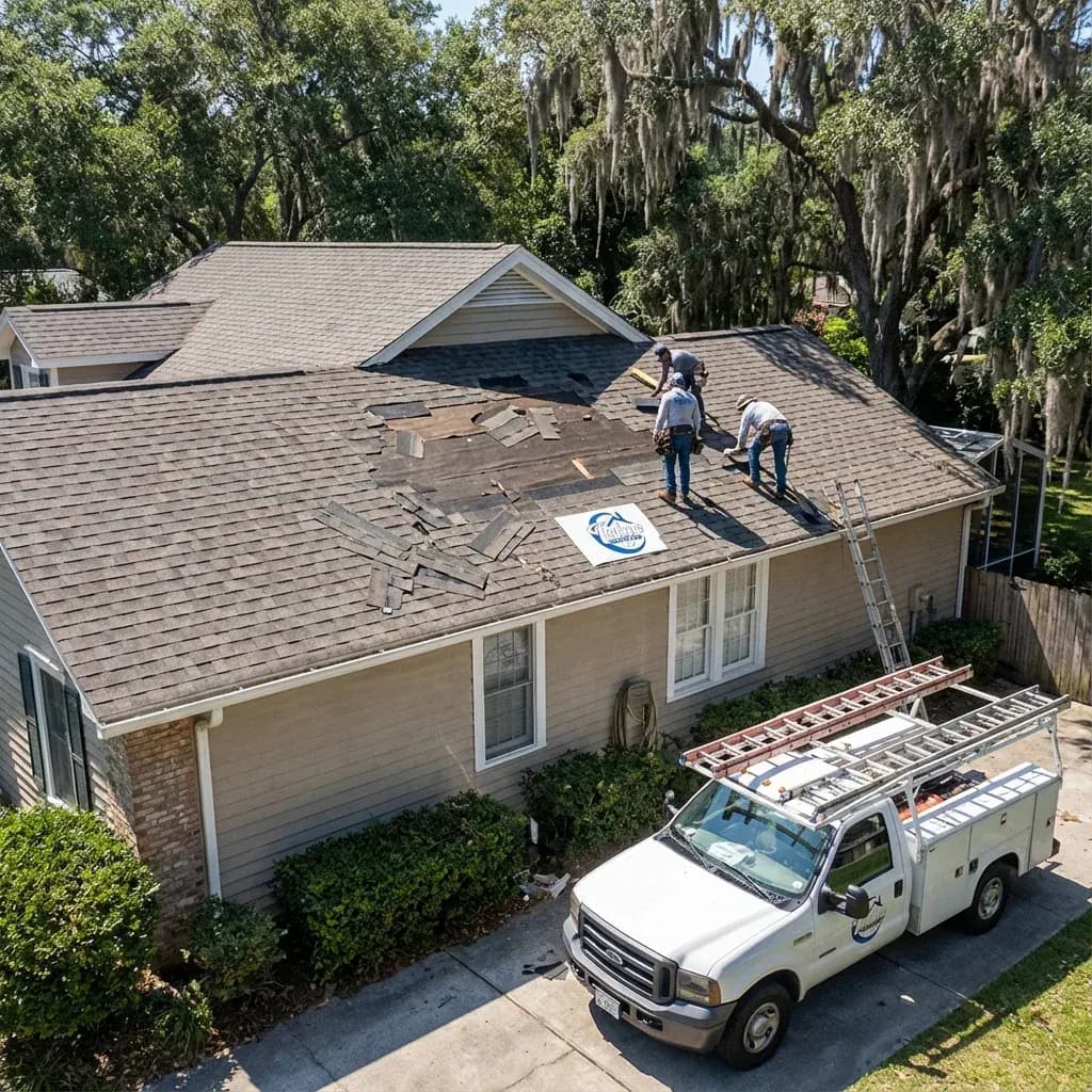 Talya Roofing crew replacing damaged shingles on a Savannah home from aerial view