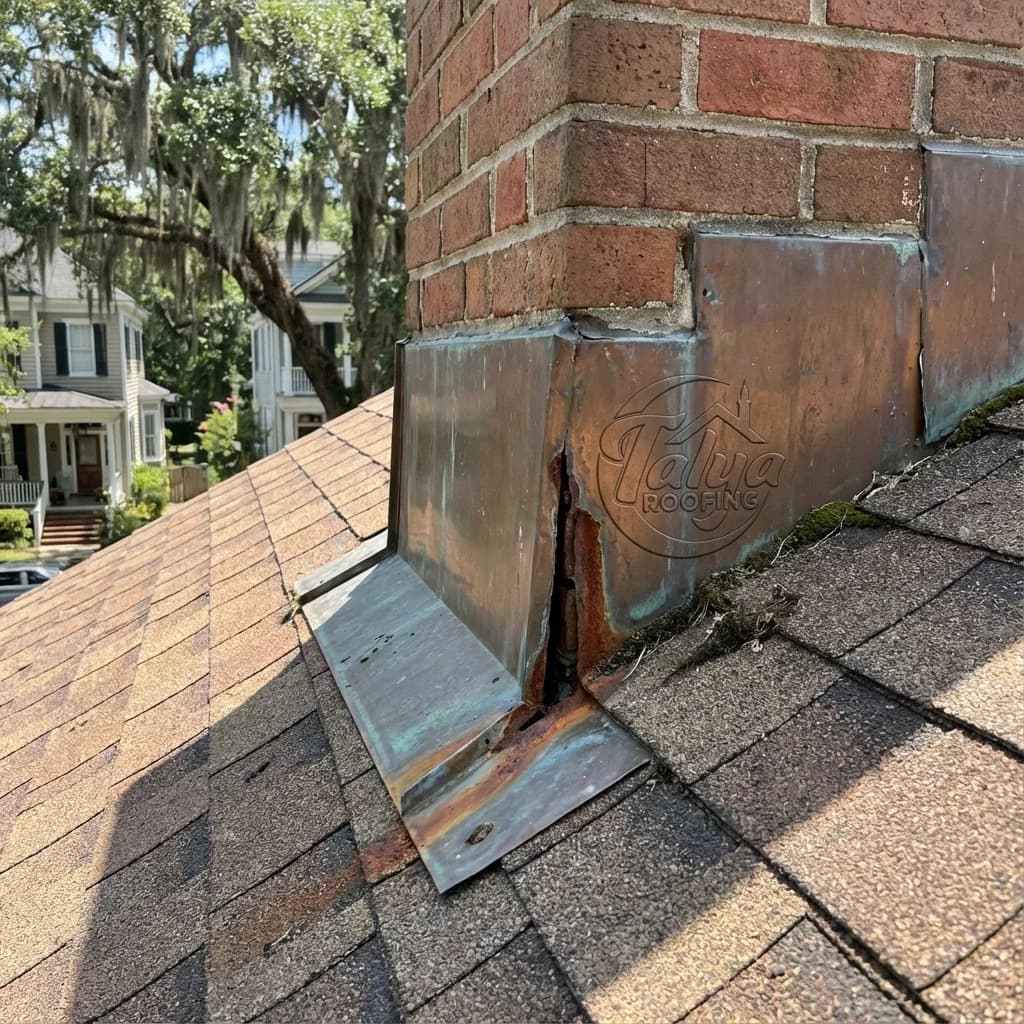 Deteriorated chimney step flashing with rust and cracked sealant on Savannah roof