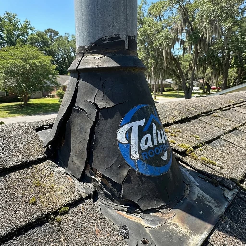 Cracked and split rubber vent boot on aging Savannah roof with Talya Roofing branding