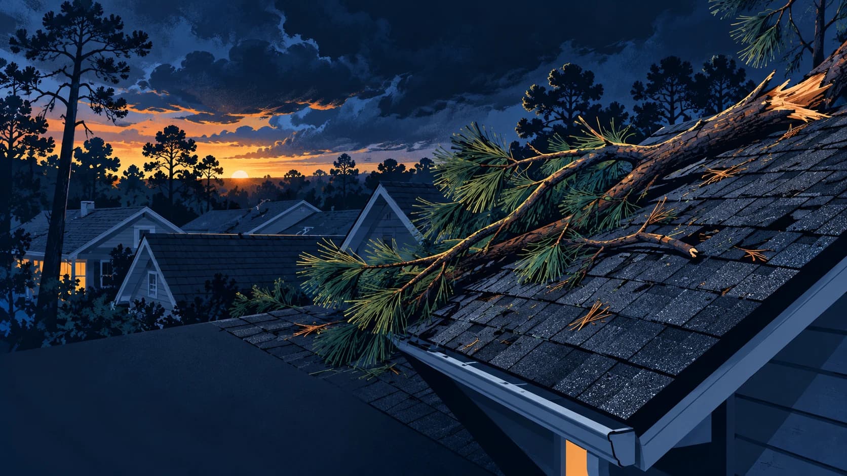 Editorial illustration of a longleaf pine limb resting across a shingle roof after a storm.