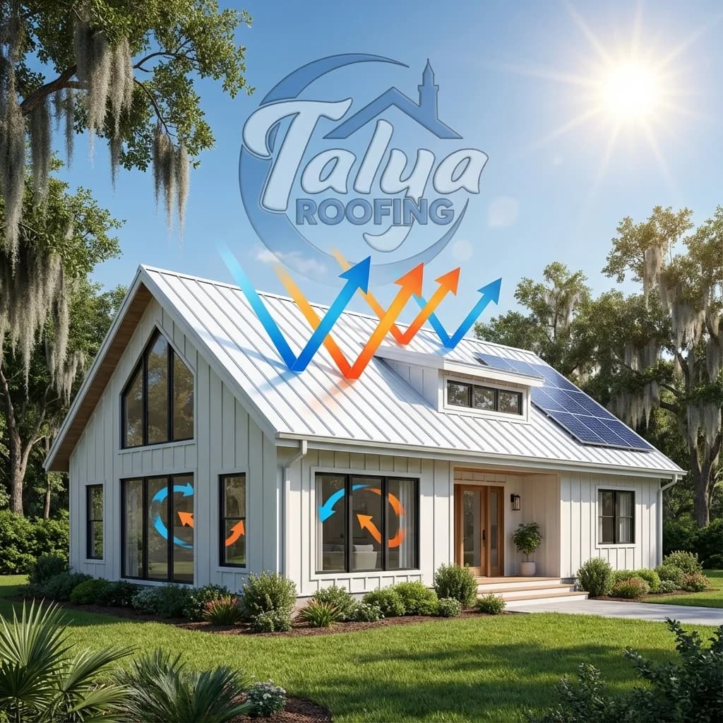 Energy-efficient white metal roof with solar panels reflecting heat on modern Savannah home