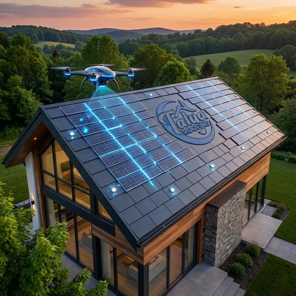 Smart roof with integrated solar tiles and drone inspection scanning with blue laser grid