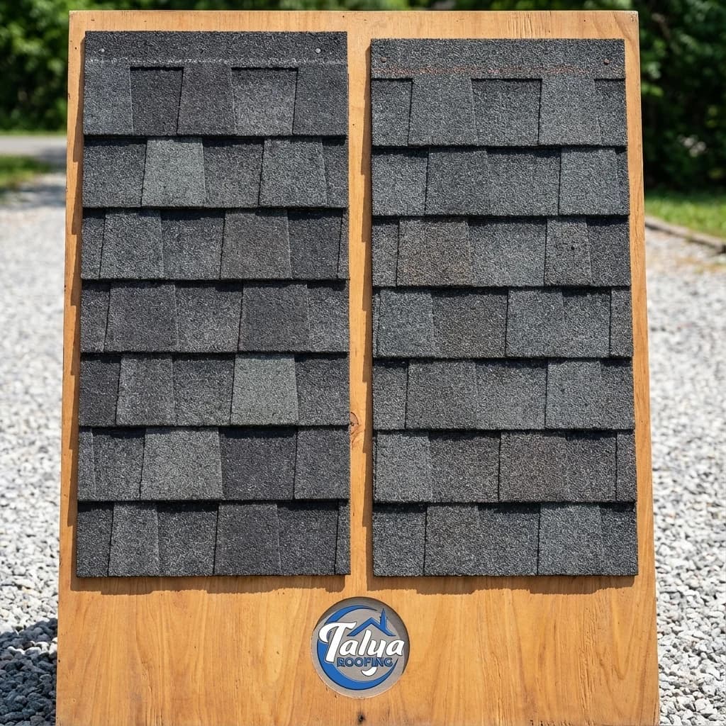 Two dark architectural shingle samples displayed side by side for comparison