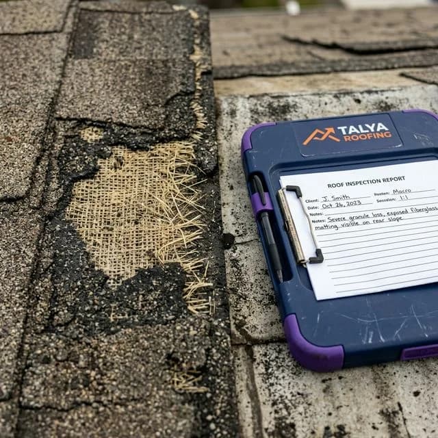 Close-up of an asphalt shingle with severe granule loss beside a Talya Roofing clipboard