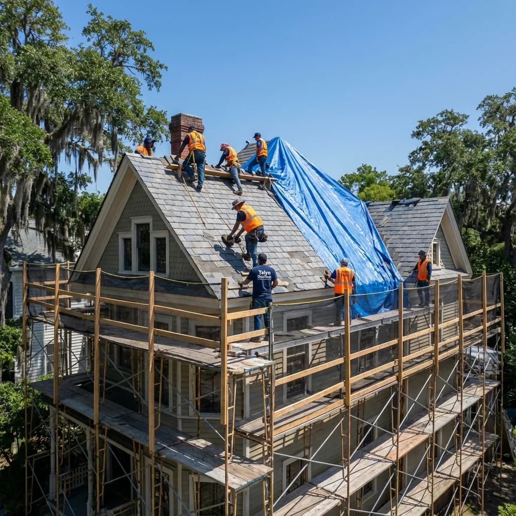 Restoration work on a historic home roof