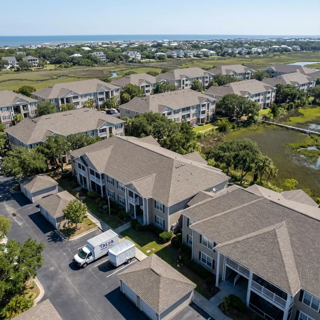 Aerial view of coastal HOA community with uniform roofs and Talya Roofing service truck