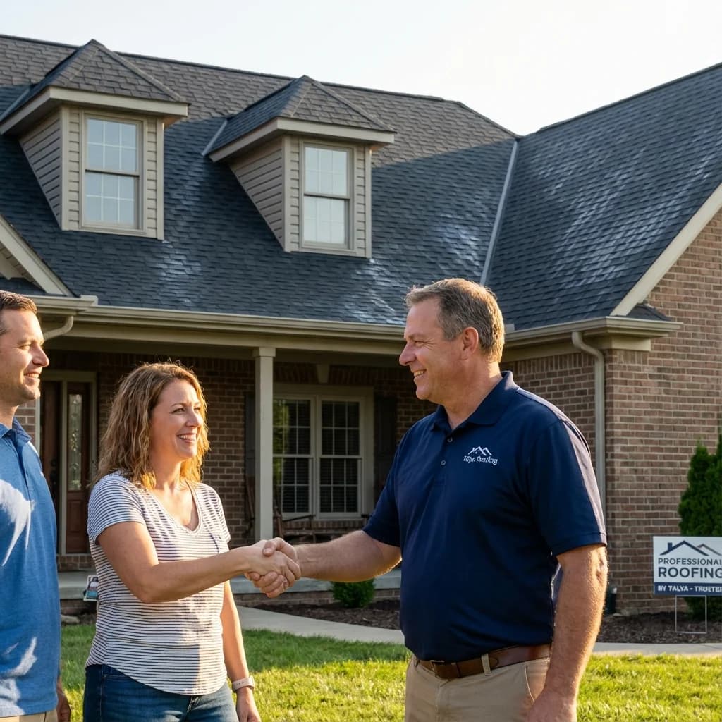 Savannah homeowners greeting a roofing contractor outside their shingle-roof home