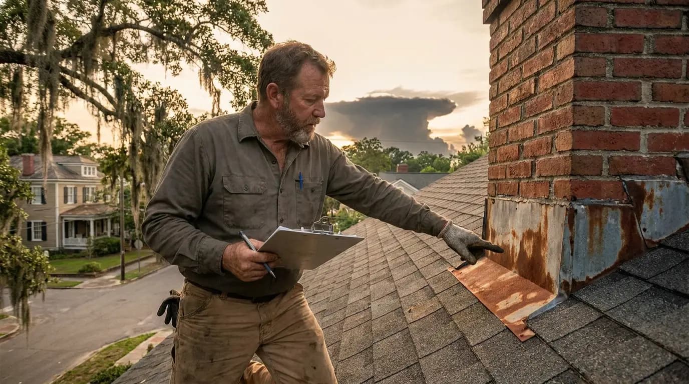 Talya Roofing inspector checking a Savannah GA residential roof for hurricane-season vulnerabilities before June 1