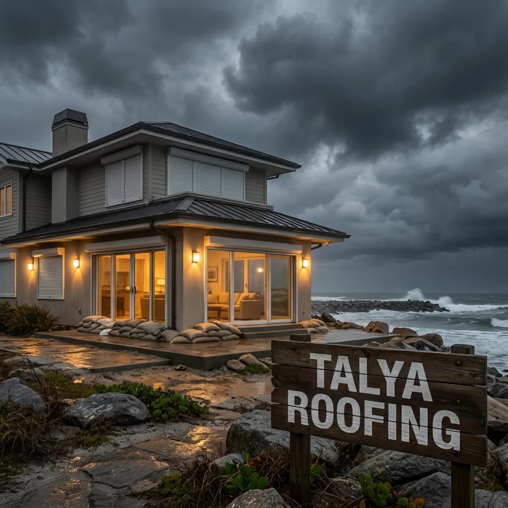 Coastal home with metal roof, storm shutters, and sandbags prepared for hurricane