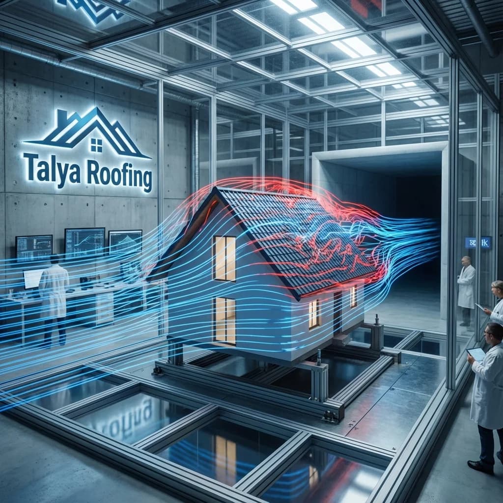 Roof model in wind tunnel laboratory with blue and red airflow streamlines for hurricane testing