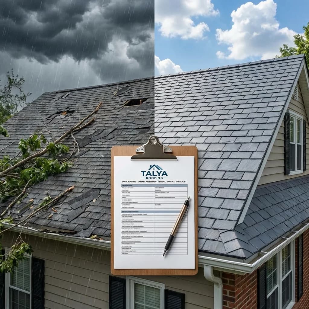 Storm-damaged shingles, completed roof repair, and an inspection clipboard