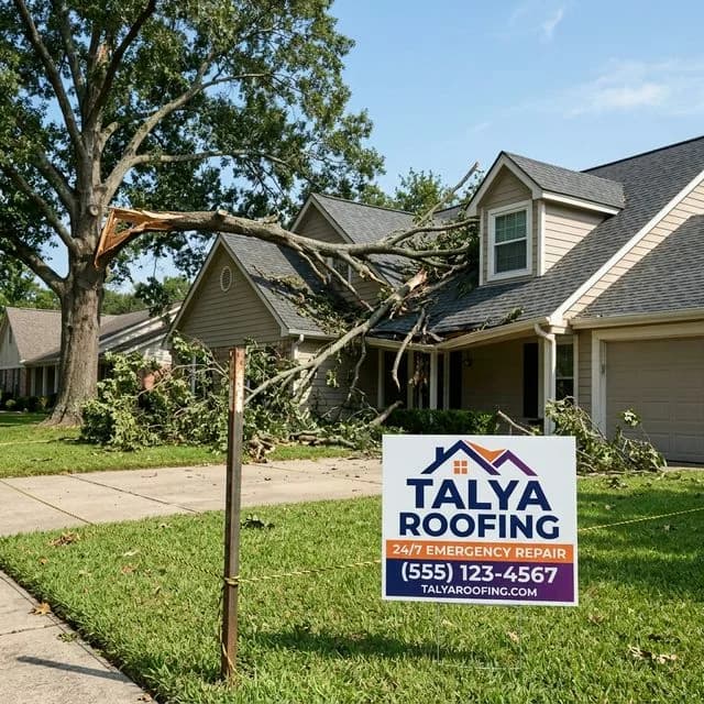 Large broken tree branch resting on a house roof viewed from the property line, Talya Roofing sign in yard