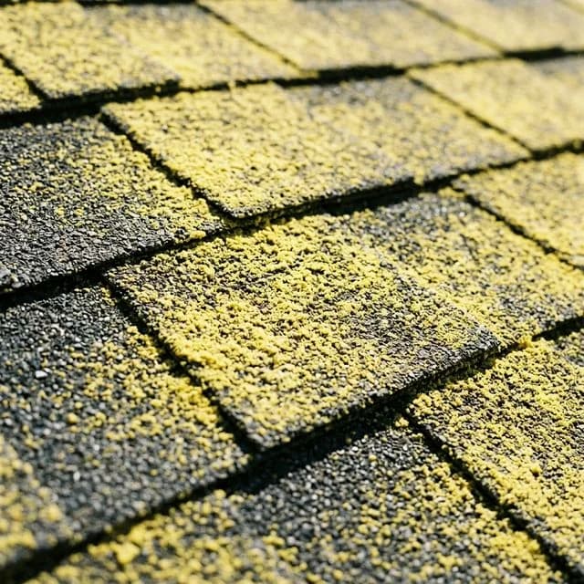 Close-up of asphalt shingles thickly coated in sticky yellow pine pollen