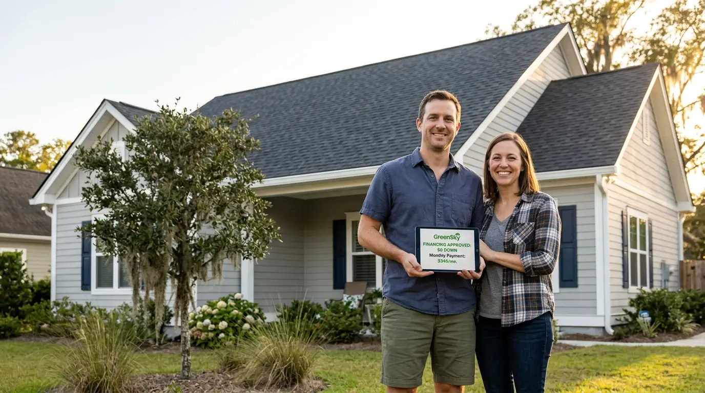Savannah homeowners reviewing a zero-down roof-financing approval on a tablet