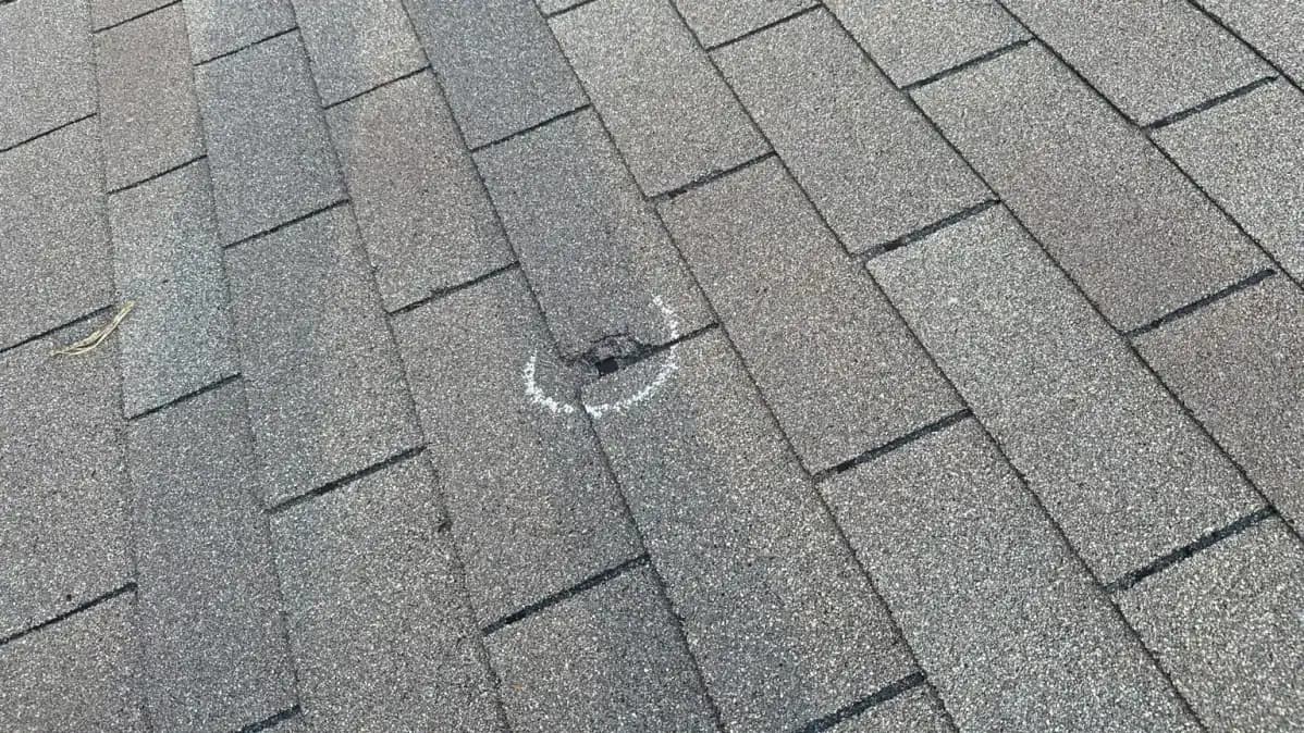 Storm-damaged asphalt shingle roof on a Richmond Hill GA subdivision home being documented