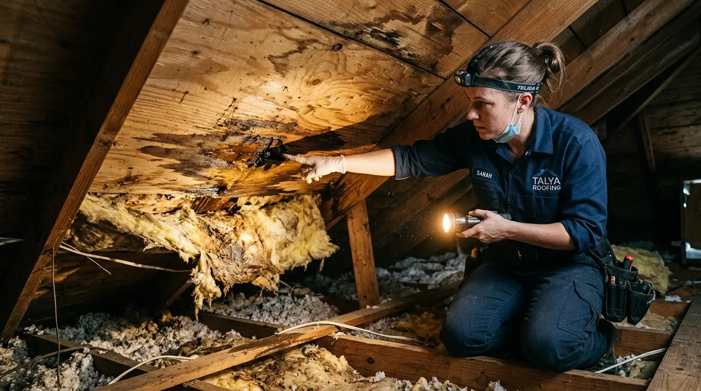 Talya Roofing inspector tracing moisture around a stained roof deck in a Savannah attic