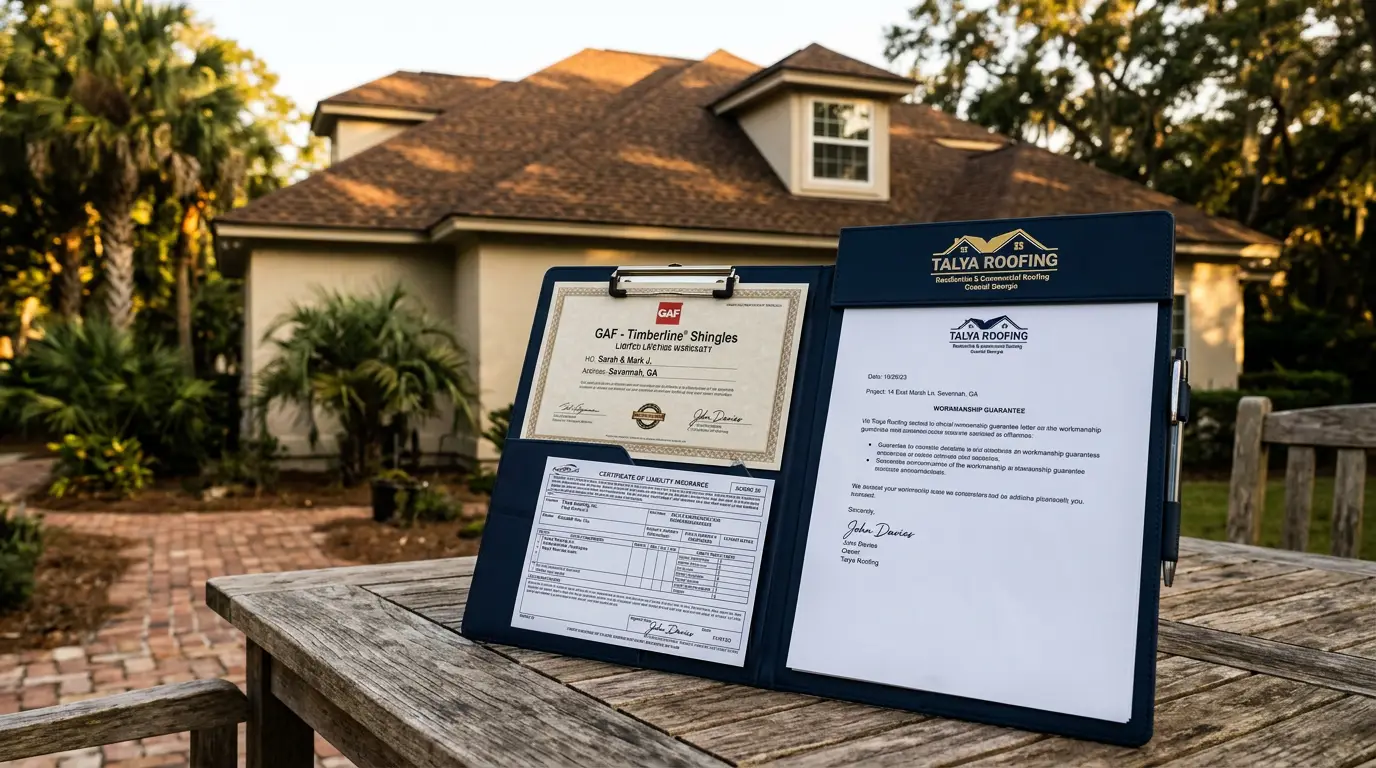 Talya Roofing folder with manufacturer, workmanship, and insurance warranty documents for a Savannah homeowner