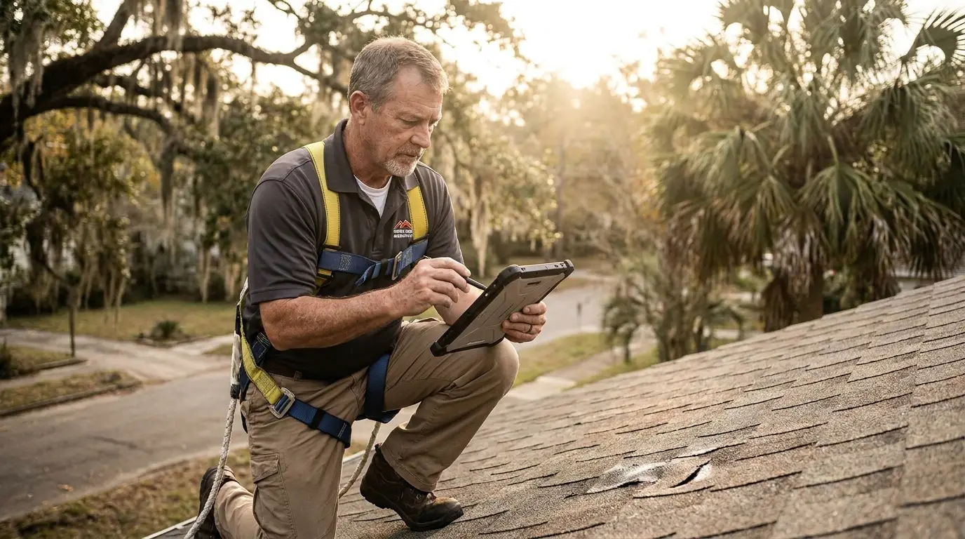 Talya Roofing inspector documenting hail damage on a Savannah GA roof for an insurance claim