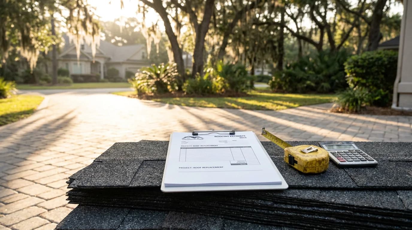 Roofing estimate and architectural shingle bundles in a Savannah driveway during 2026 material price increases
