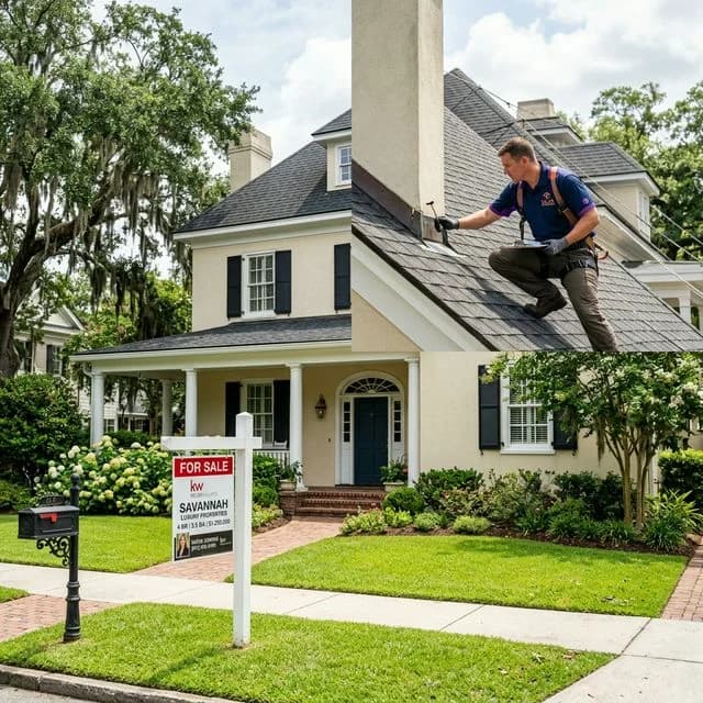 For Sale sign in front yard of a Savannah home while a Talya Roofing inspector evaluates the roof