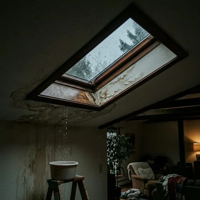 Water dripping from a leaking residential skylight interior