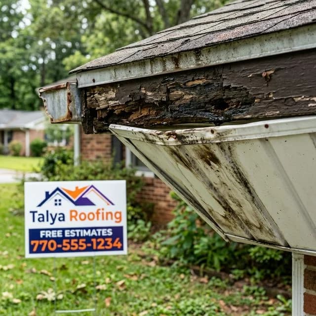 Close-up of rotting wooden fascia board and sagging aluminum soffit with water stains