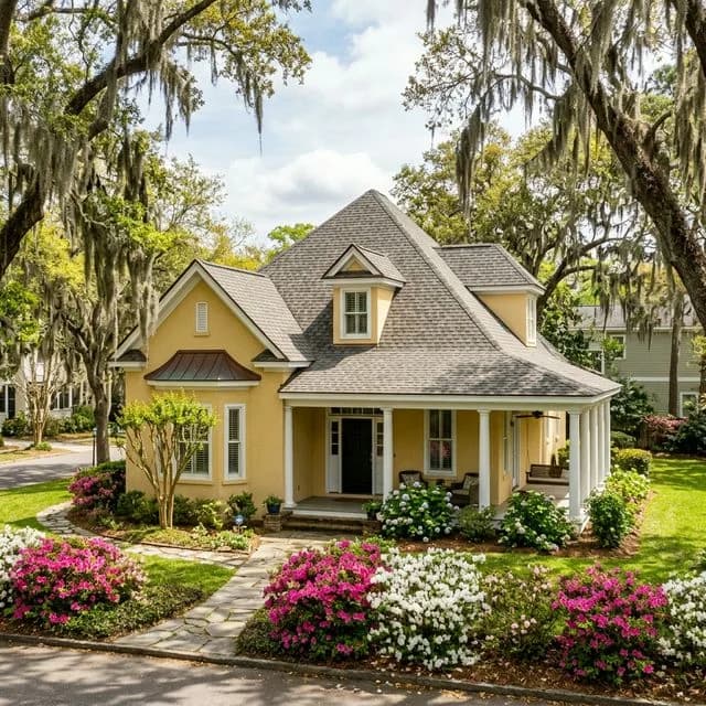 Homeowner performing a spring roof inspection walkthrough on a Savannah home in April