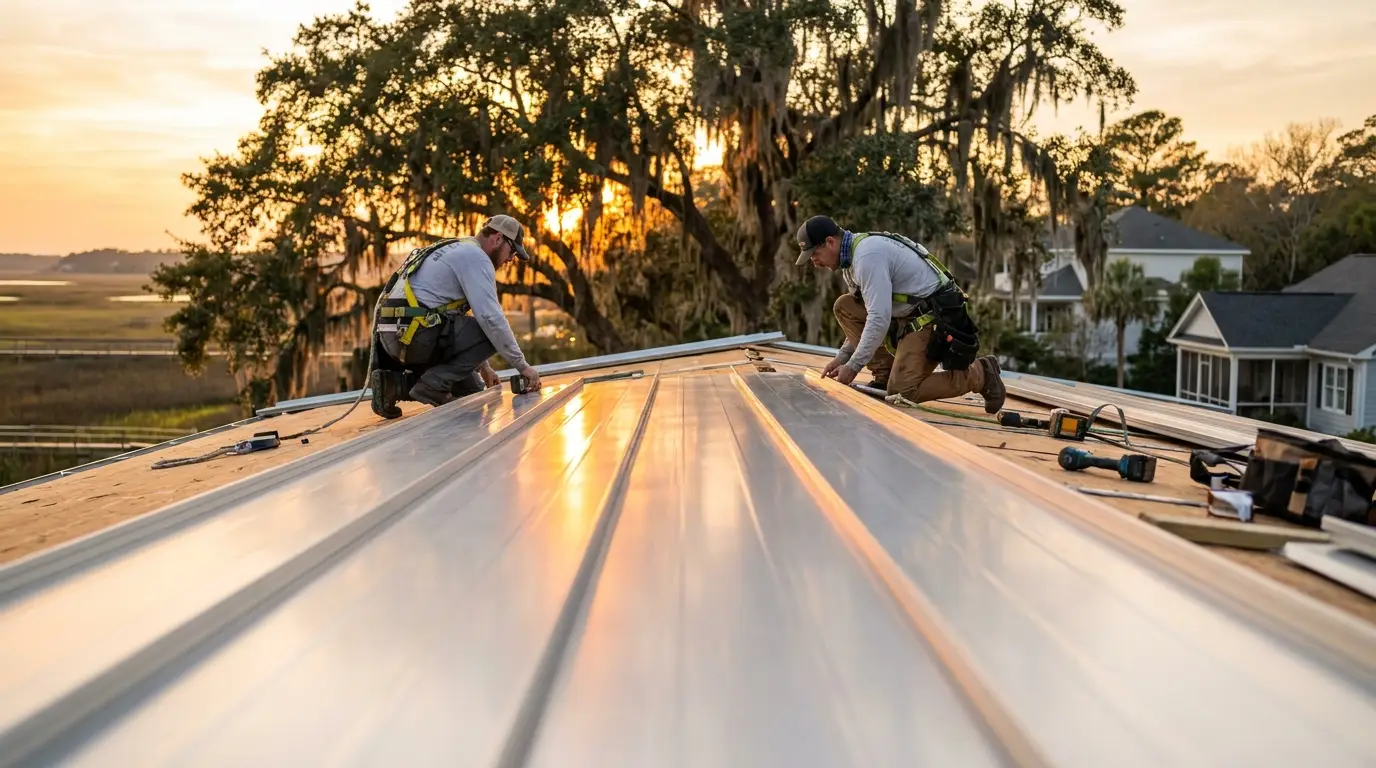 Talya Roofing standing seam metal roof installation in progress on a Coastal Georgia home near Savannah