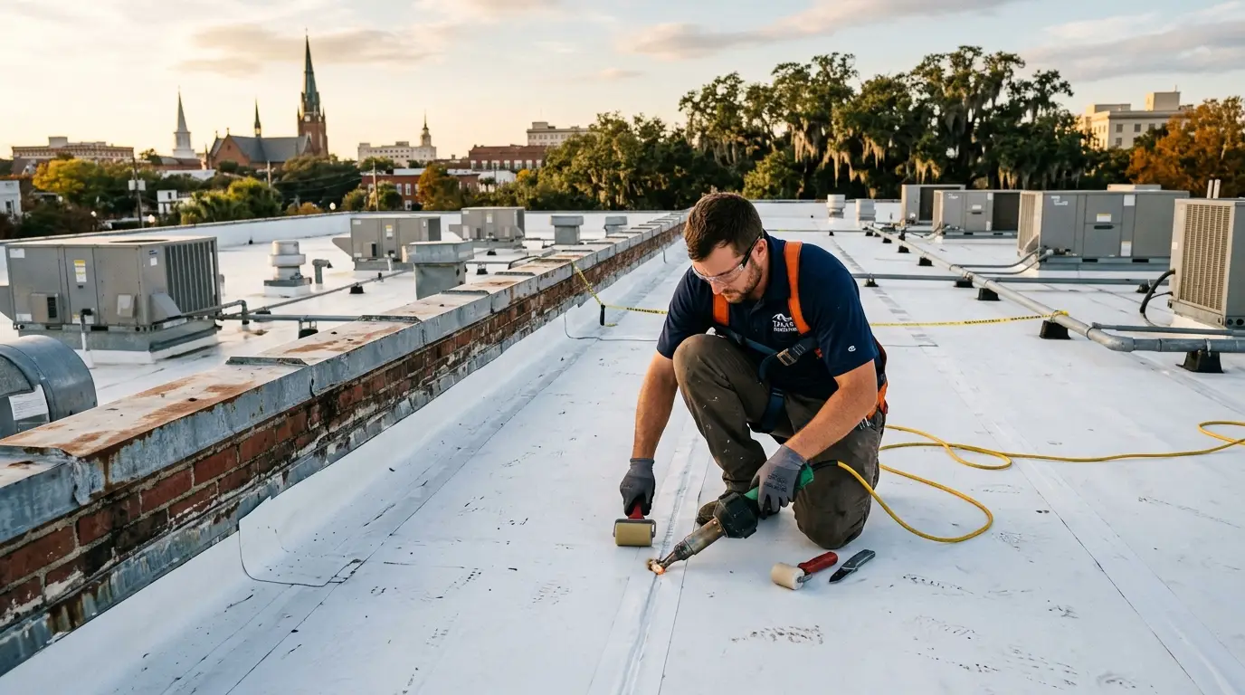 Roofer hot-air welding a white TPO membrane seam on a Savannah commercial flat roof