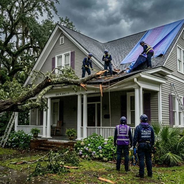 Large pine tree branch fallen on a suburban Savannah roof with a Talya Roofing truck parked outside