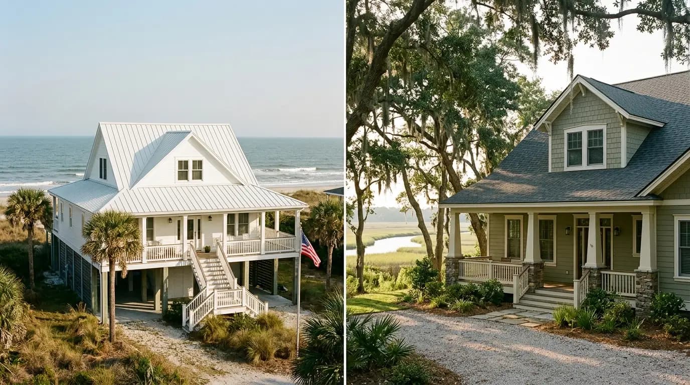 Tybee Island metal-roof home beside a Wilmington Island architectural-shingle home